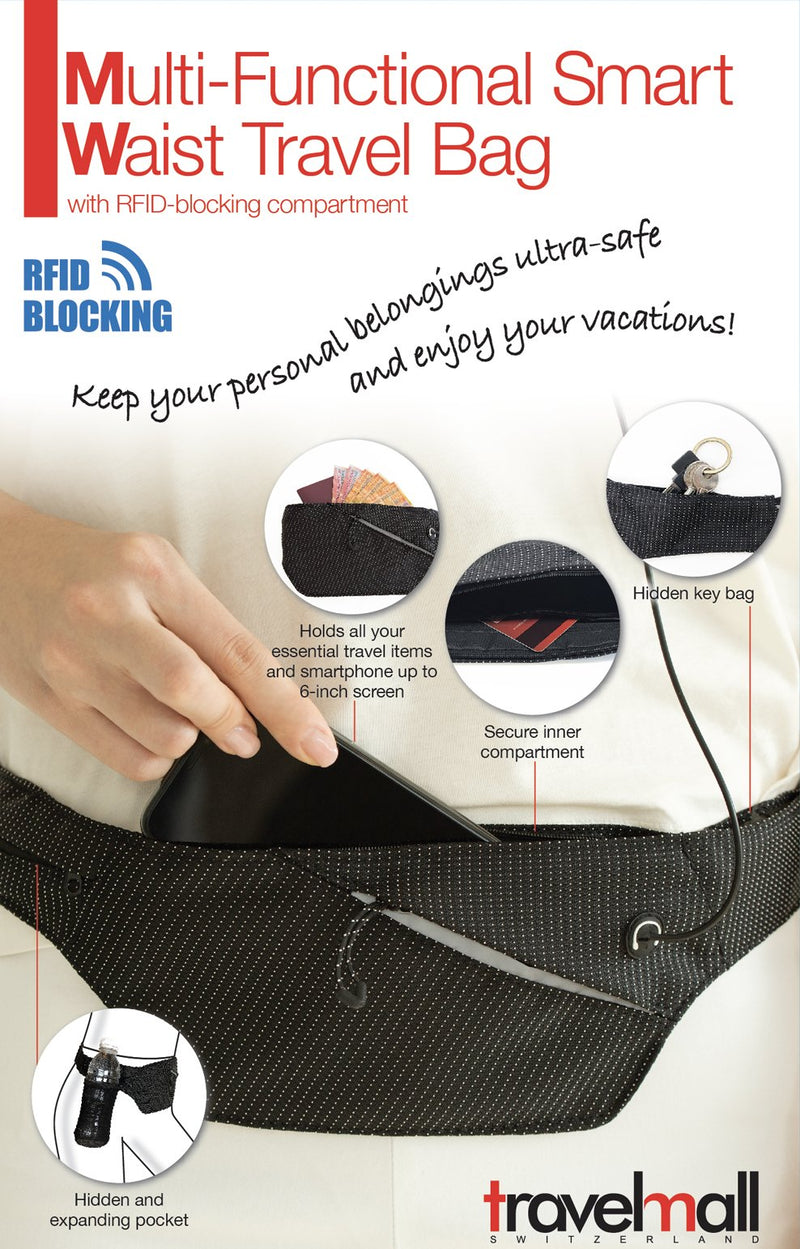TravelMall Multi-functional Smart Waist Travel Bag, With RFID Blocking Compartment