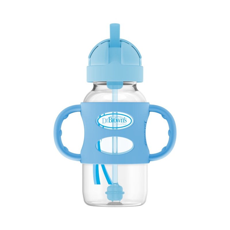 [Bundle of 2] Dr Brown's 9 oz/270 ml PP W-N Sippy Straw Bottle w/ Silicone Handles, Blue, 1-Pack