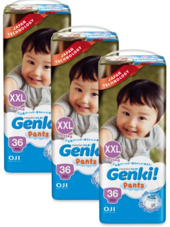 Nepia Genki Mega Pack Pants XXL 36 (3 Packs / Cartoon) -  FOC Showa Baby Wipes 99.5% Water 80s x 3packs